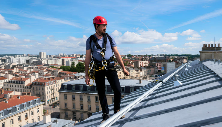 A man wearing a red hard hat walking across a metal roof using a safety harness.
