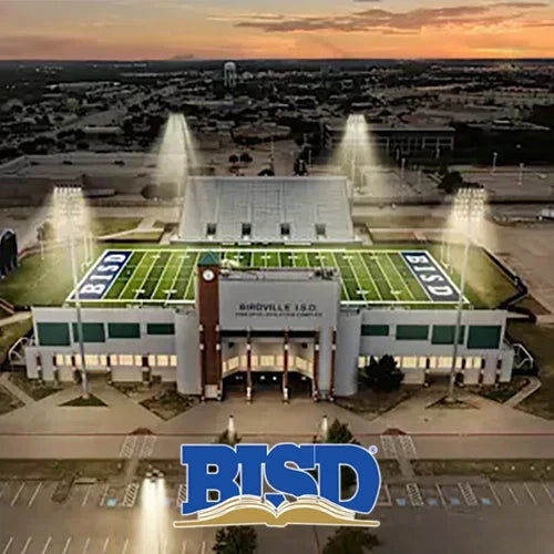 Ariel view of Birdville High School with an overlaid logo of BISD