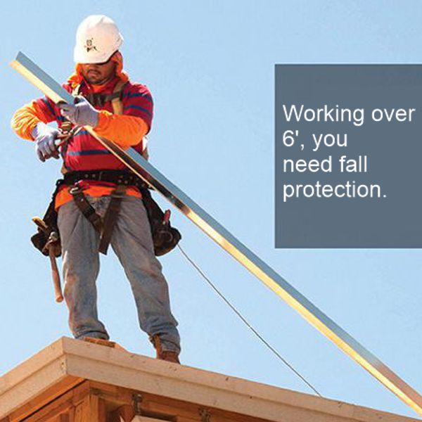 Worker standing on a roof wearing a hard hat, harness and tool belt.