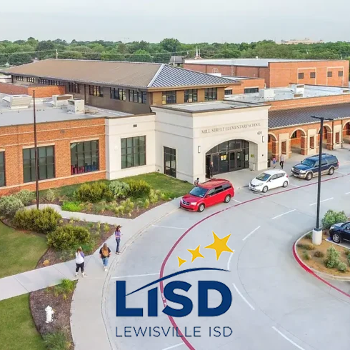Aerial view of a Lewisville Independent School District (LISD) campus featured in a Safety Rail Source roof hatch safety case study.