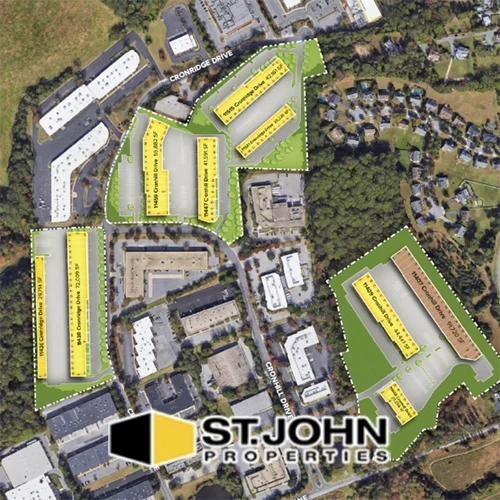 Aerial view of St. John Properties commercial buildings in Baltimore, MD, site of Safety Rail Source skylight screen and ladder lifeline installation.