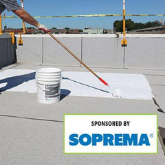 Commercial roof jobsite with rooftop safety warning line system for the 2020 Commercial Roofing Report, sponsored by Soprema.