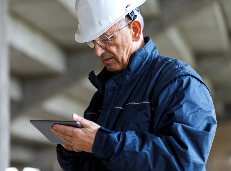 Facility inspector wearing a hard hat making notes on a tablet.
