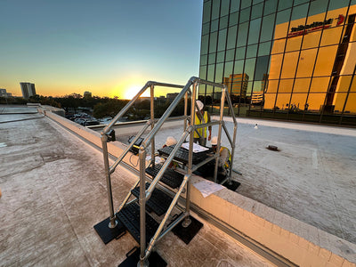 A crossover stairway on the roof of a commercial property