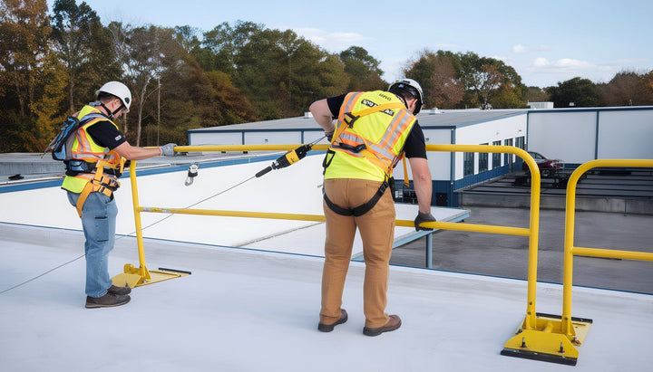 Two workers in safety harnesses installing rooftop safety railing