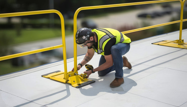 Man wearing a hard hat and high-vis vest using a power tool to install rooftop safety railing
