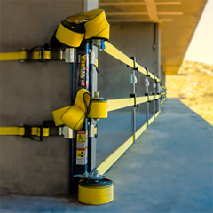 WebRail strapped around columns on a building under construction.