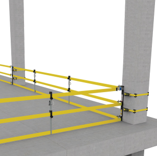 Tensioned WebRail guardrail system installed along concrete slab edges and columns in a high-rise construction building.
