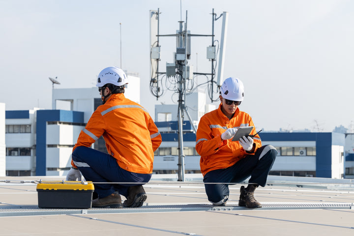 A couple of workers inspecting the rooftop