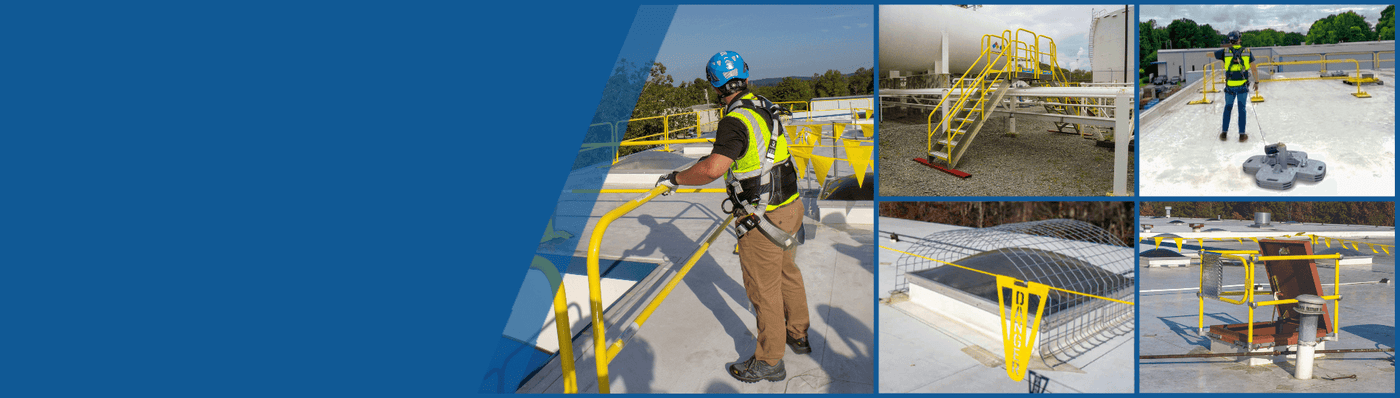 Collage of a person using a safety ladder on a rooftop with various safety equipment and platforms.