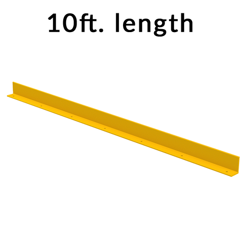 A bright yellow metal channel guide rail shown diagonally on a plain white background, with black text at the top reading '10ft. length'.