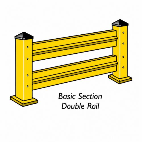 Yellow double rail barrier with black top caps on a white background, labeled 'Basic Section Double Rail'.