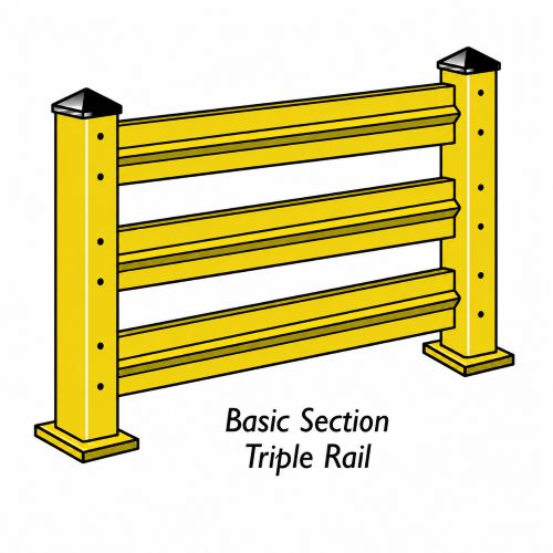 Yellow triple rail with black top caps on a white background, labeled 'Basic Section Triple Rail'.