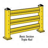 Yellow triple rail with black top caps on a white background, labeled 'Basic Section Triple Rail'.