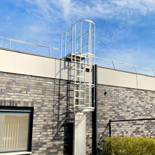 NextGen Mighty-Lite Fixed Ladder - Attached to a building exterior with a clear blue sky.