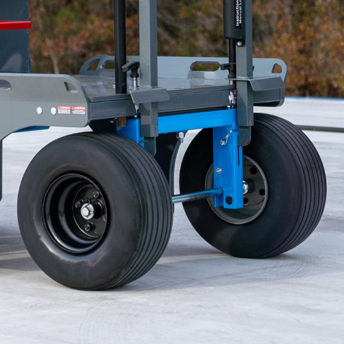 Close-up of flat-free tires used on the PX5 Sentinel Mobile Fall Protection