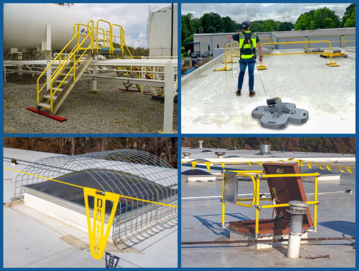 Collage of safety railings and protective barriers on industrial rooftops.