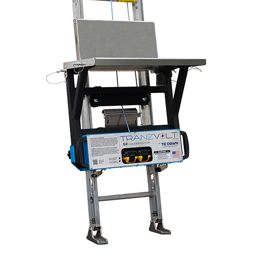 Two-section ladder with a platform on a white background