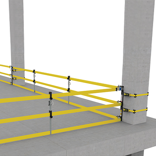 Yellow safety barrier straps on a concrete floor with columns in the background
