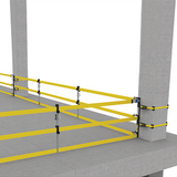 Yellow safety barrier straps on a concrete floor with columns in the background