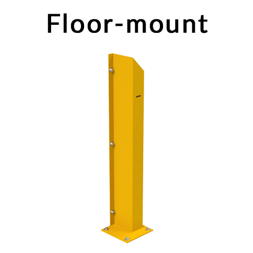 A yellow floor-mount metal post with a flat base plate and visible mounting bolts, shown on a plain white background with the text 'Floor-mount' above it.