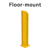 A yellow floor-mount metal post with a flat base plate and visible mounting bolts, shown on a plain white background with the text 'Floor-mount' above it.