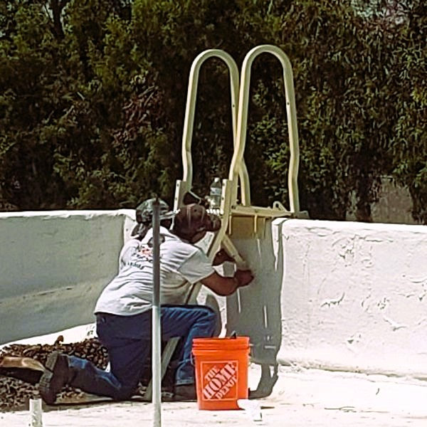 3-Piece Parapet Ladder Safety-Dock with Worker Installing Brace